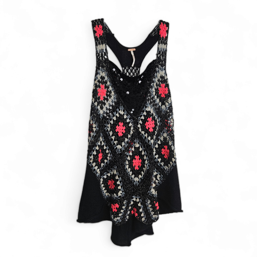 Free People Womens Granny Square Boho Crochet Knit SequinTank Top Sz XS Grandma
